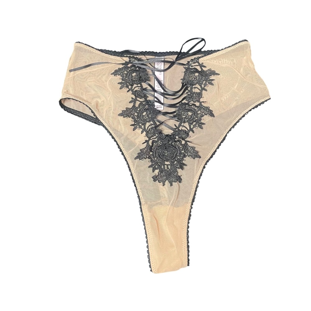 Victorias Secret Dream Angels High Waist Thong Lace Up Mesh‎ Panty Black Nude S